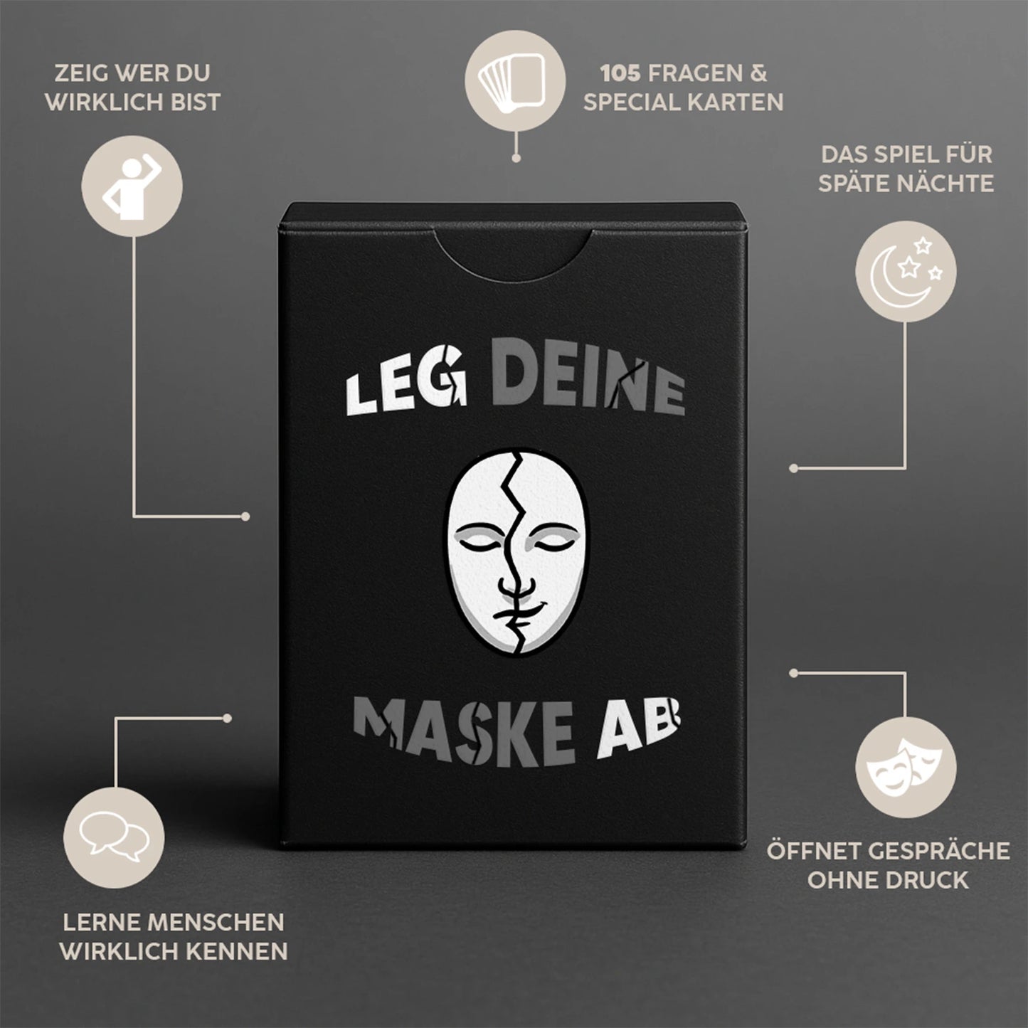 Das Maskenlos Kartenspiel – Original Edition in schwarzer Box. 105 Fragen für tiefe Gespräche, ehrliche Verbindungen und echte Momente.