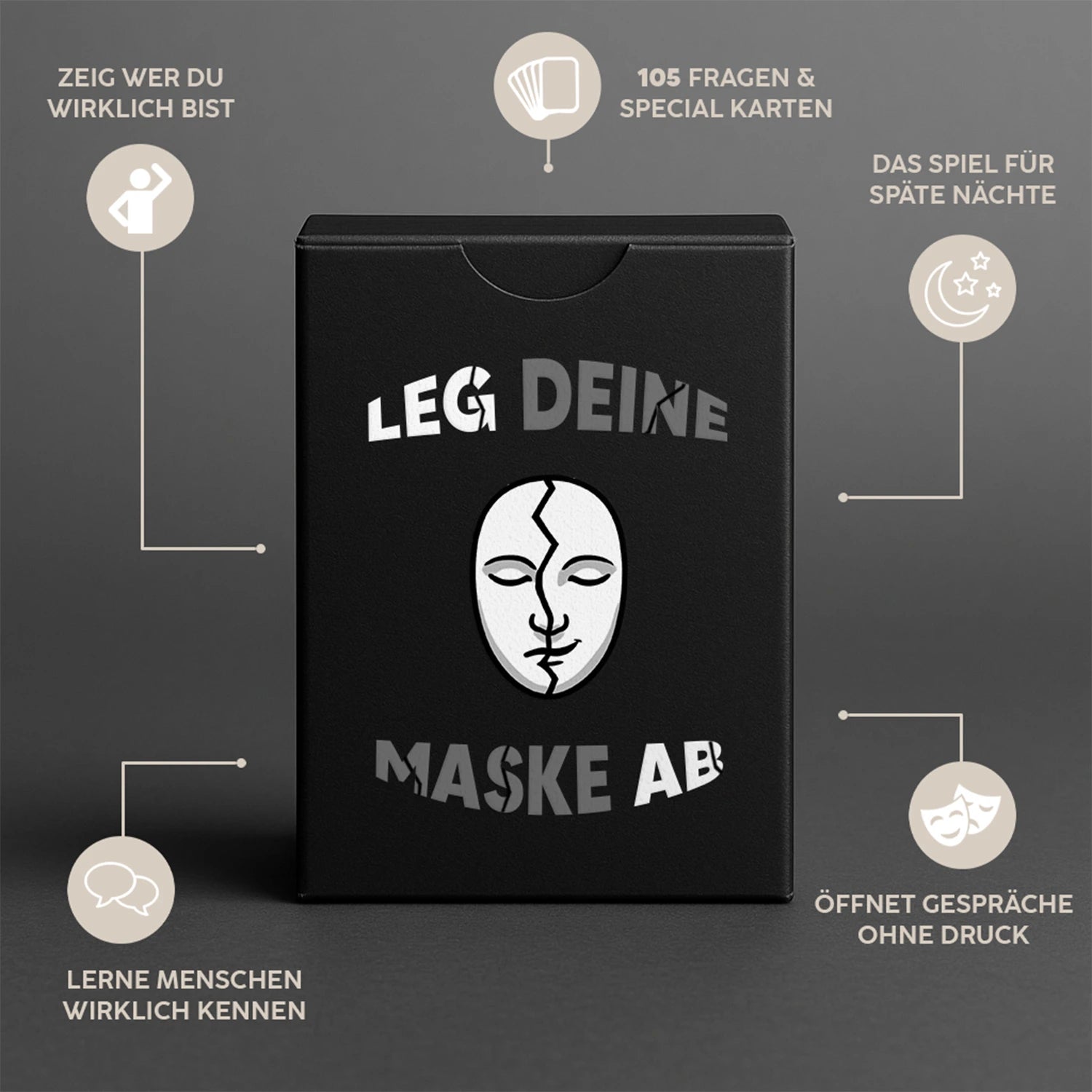 Das Maskenlos Kartenspiel – Original Edition in schwarzer Box. 105 Fragen für tiefe Gespräche, ehrliche Verbindungen und echte Momente.