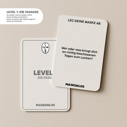 Level 1 der Maskenlos Original Edition – Fragespiel mit leichten Fragen für ehrliche Gespräche über Alltag, Gedanken und erste Eindrücke