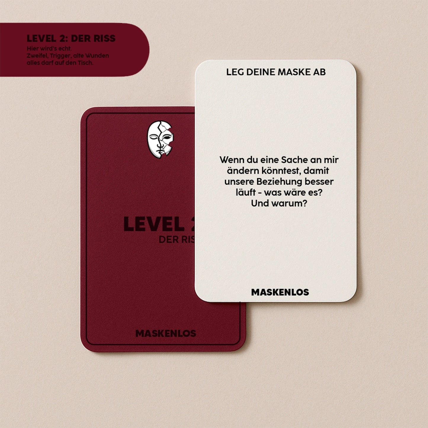 Level 2 der Maskenlos Beziehungsedition – ehrliches Fragespiel für Paare mit tiefgründigen Fragen zu Konflikten, Vertrauen und emotionalen Rissen