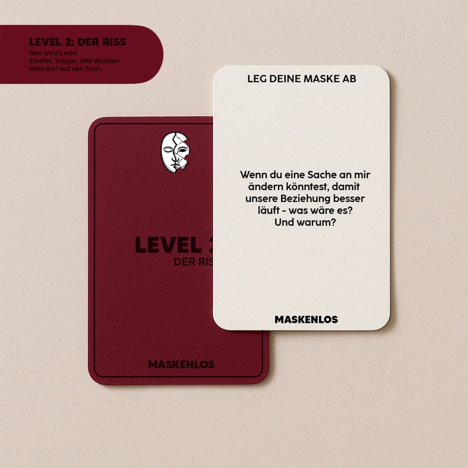 Level 2 der Maskenlos Beziehungsedition – ehrliches Fragespiel für Paare mit tiefgründigen Fragen zu Konflikten, Vertrauen und emotionalen Rissen