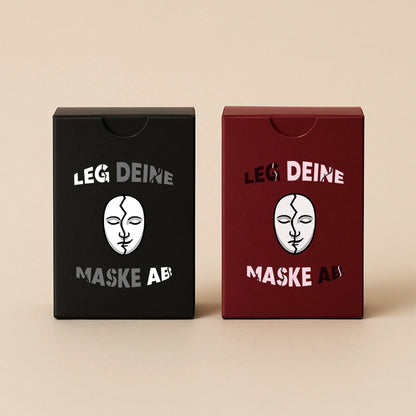 Bundle aus Maskenlos Original Edition und Beziehungsedition – zwei Fragespiele mit 105 Karten und Booklet in schwarzer und weinroter Box