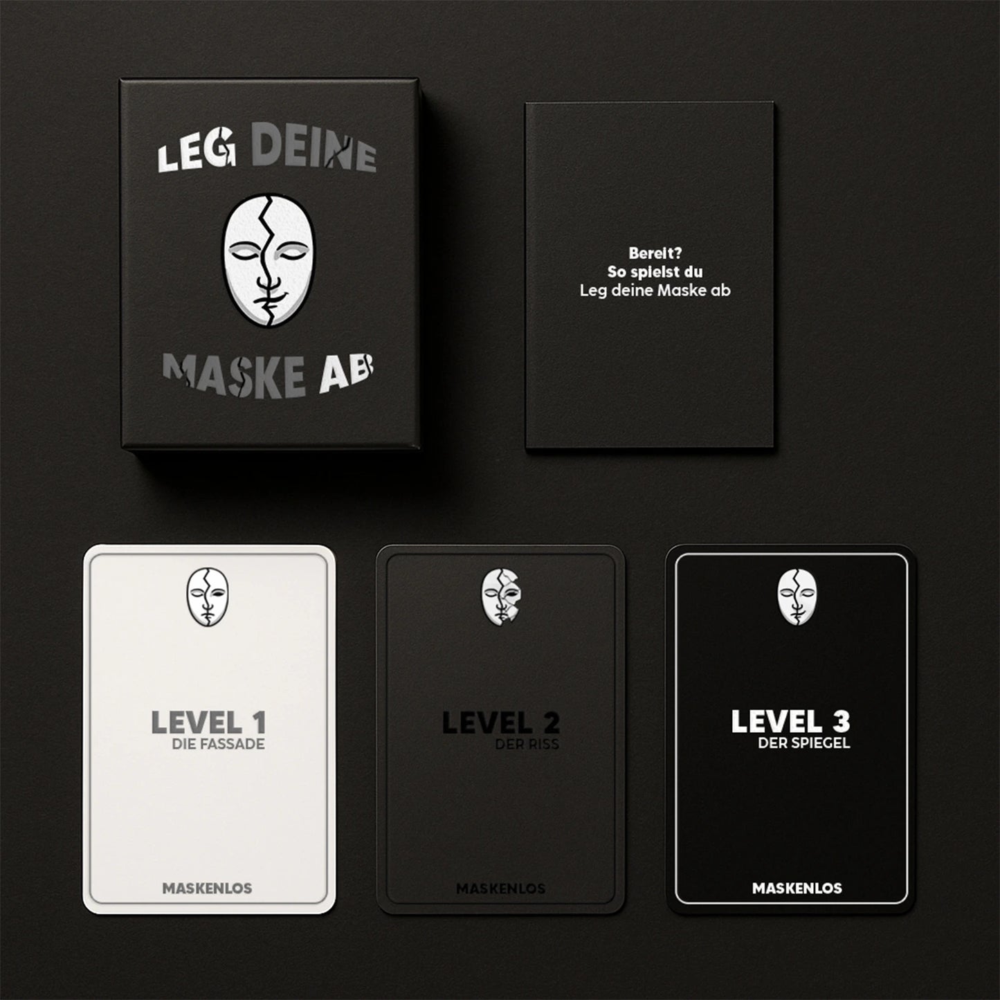 Komplettset der Maskenlos Original Edition – Fragespiel mit 105 Karten, schwarzer Box und Booklet für ehrliche Gespräche