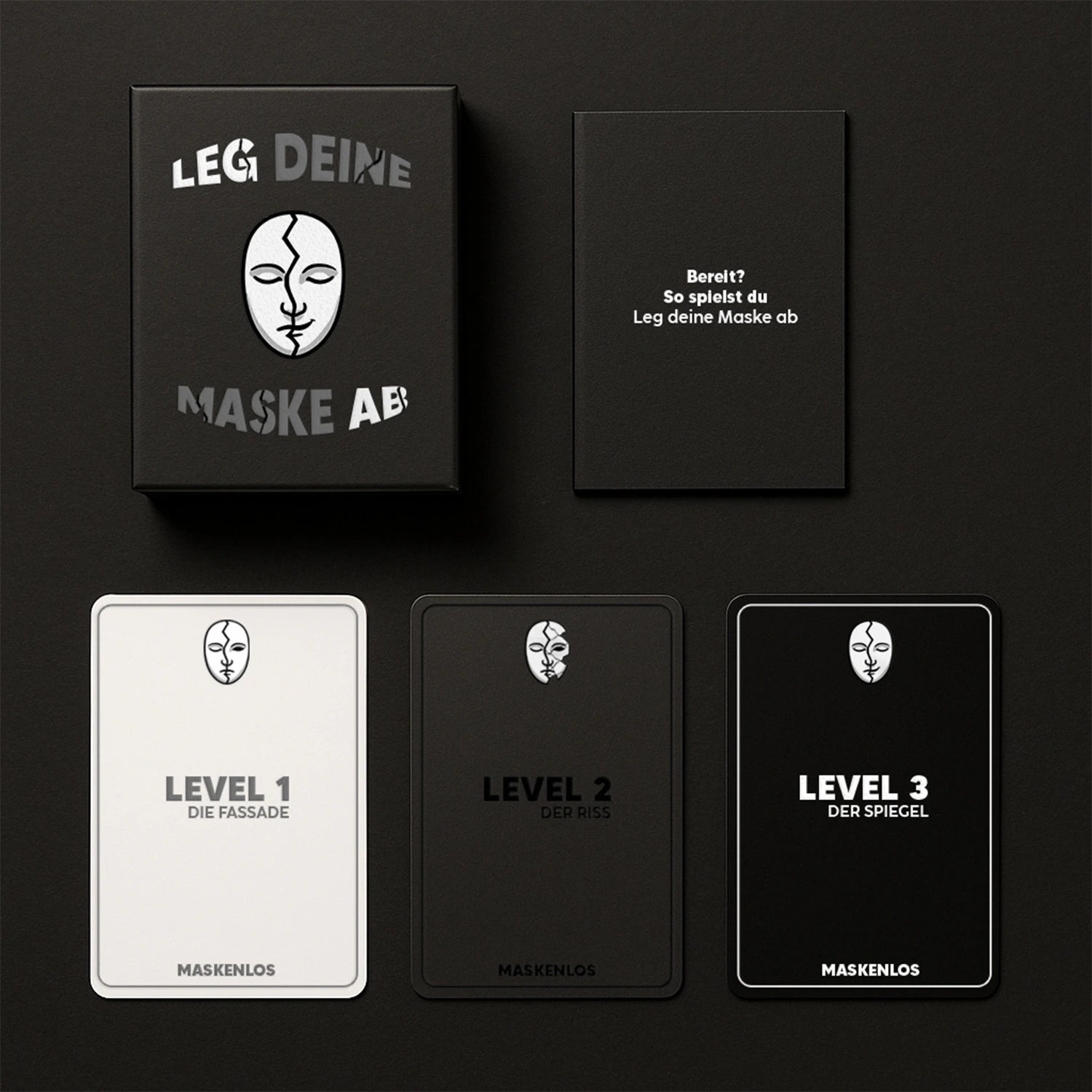 Komplettset der Maskenlos Original Edition – Fragespiel mit 105 Karten, schwarzer Box und Booklet für ehrliche Gespräche