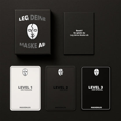 Komplettset der Maskenlos Original Edition – Fragespiel mit 105 Karten, schwarzer Box und Booklet für ehrliche Gespräche