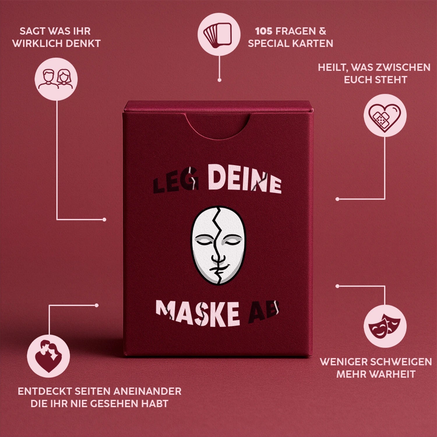 Maskenlos Beziehungsedition Tuck Box – minimalistische Spielverpackung für Paare mit tiefgründigen Fragen zur Beziehung